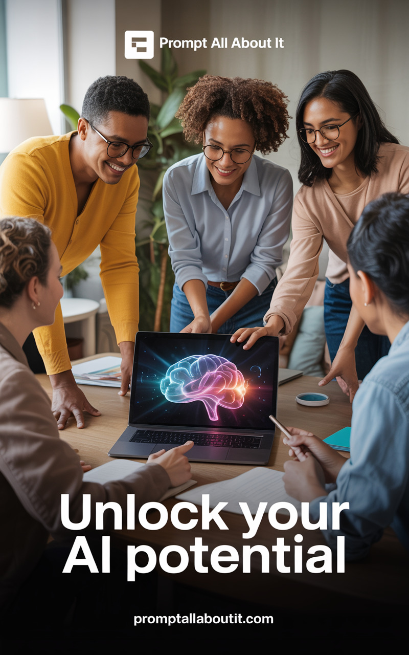 Diverse group of individuals collaborating around a laptop with a glowing brain on screen, representing AI collaboration